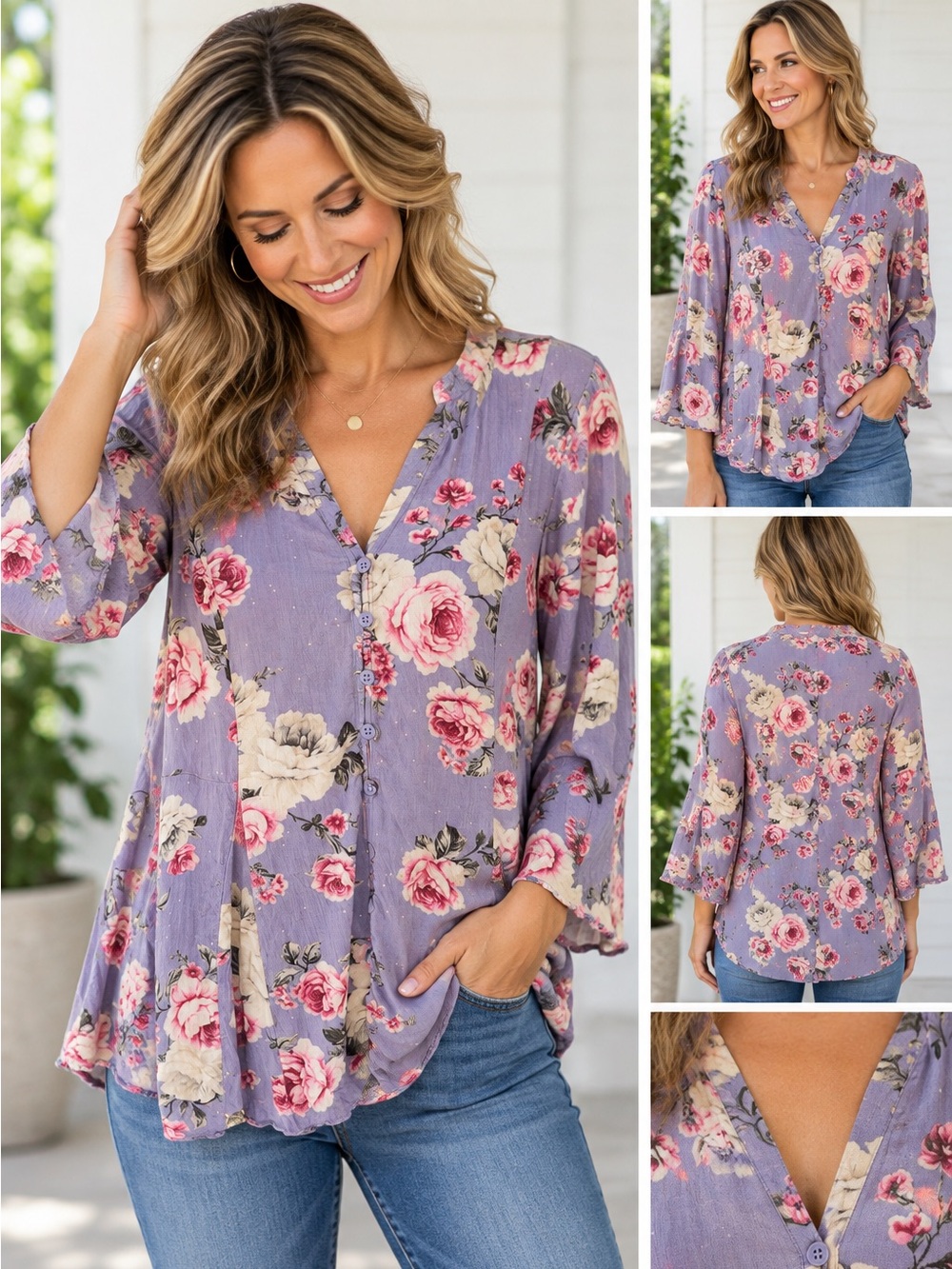 Torrid Purple Floral Fit & Flare Button Front Blouse Bell Sleeve Top